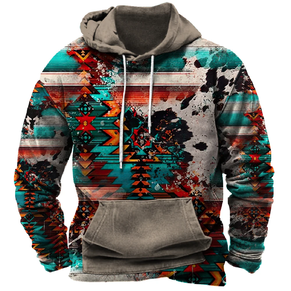 

Vintage Men's Hoodie Patchwork Printed Hooded Sweatshirt 2023 New Sweater Tops Winter Oversized Streetwear Harajuku Pullover 4XL