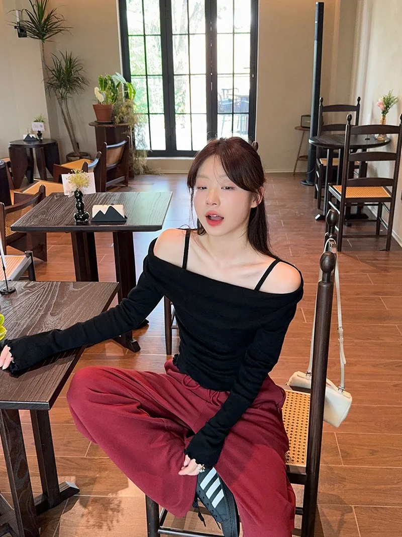 Fake Two-piece Off Shoulder Long Sleeve T-shirt Women's Sexy Slash Neck Flare Sleeve Base Shirt Top Autumn Casual Slim Fit Tops