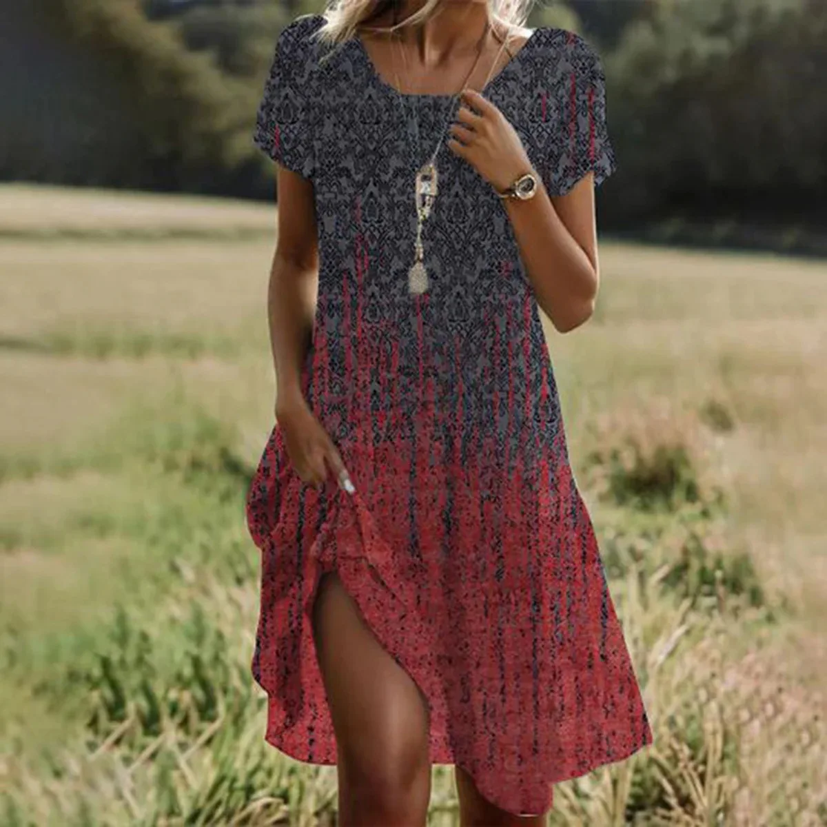 Floral Print V Neck Short Sleeve Summer Dress