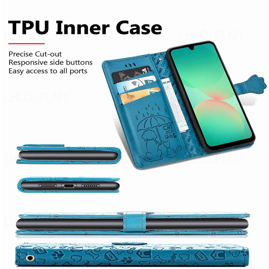 Leather Wallet Flip Case with Cat and Dog Motif Cover