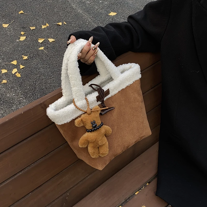 Women Faux Suede Plush Top-Handle Bag Tote Bag Shoulder Bag for Travel Shopping Daily Use