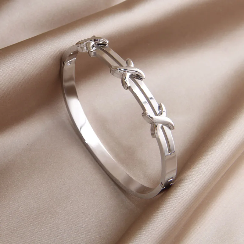 Classic Stainless Steel Metal Cross Geometric Bracelet for Women Elegant Letter Bangles Rust-proof Wrist Jewelry 3