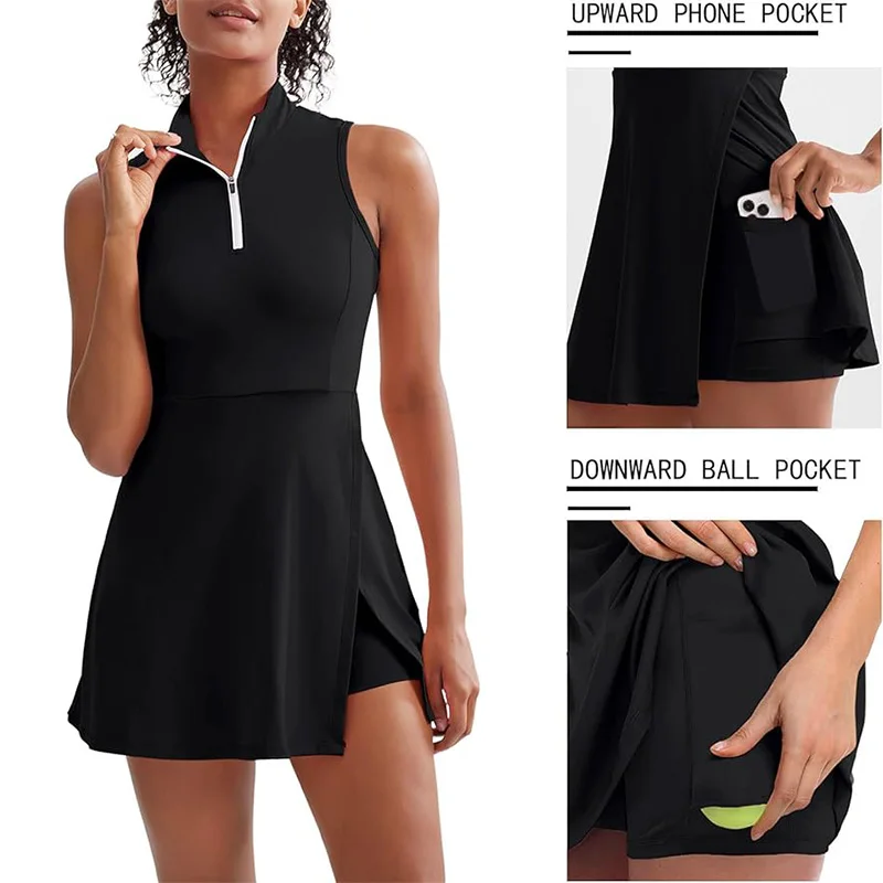 Summer Tennis Women's Dresses With Shorts And Pocket Golf Wear Sport Badminton Clothing Active Wear Sleeveless Tracksuit