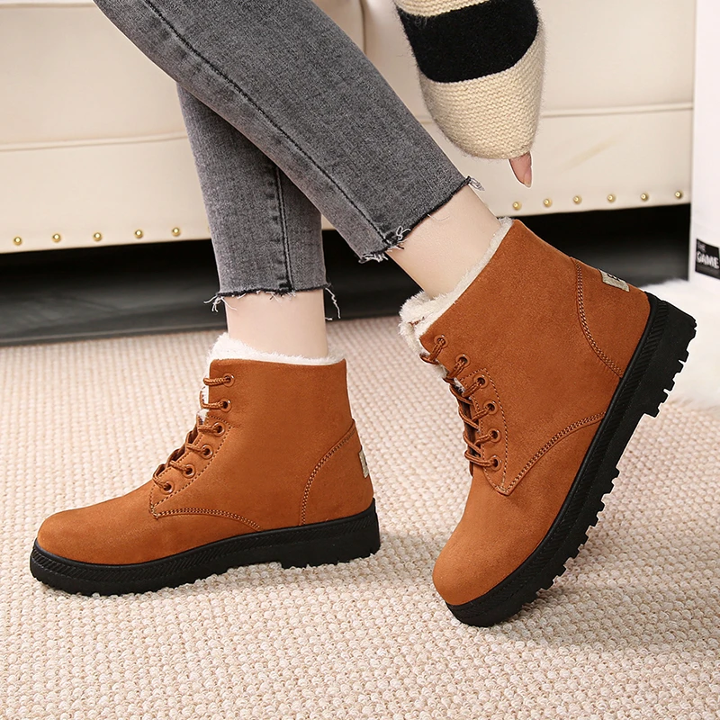2023 High Quality Women's Shoes Winter Plush Warm Mid-Calf Women's Boots Solid Color Round Toe Lace Up Low-heeled Shoes Women