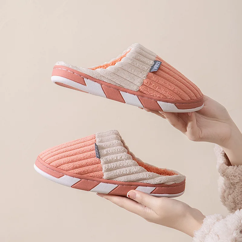 Winter Slippers Stripe Corduroy Warm Cotton Slippers Home Wear-Resistant Non-slip Indoor Slides Couple Women Shoes