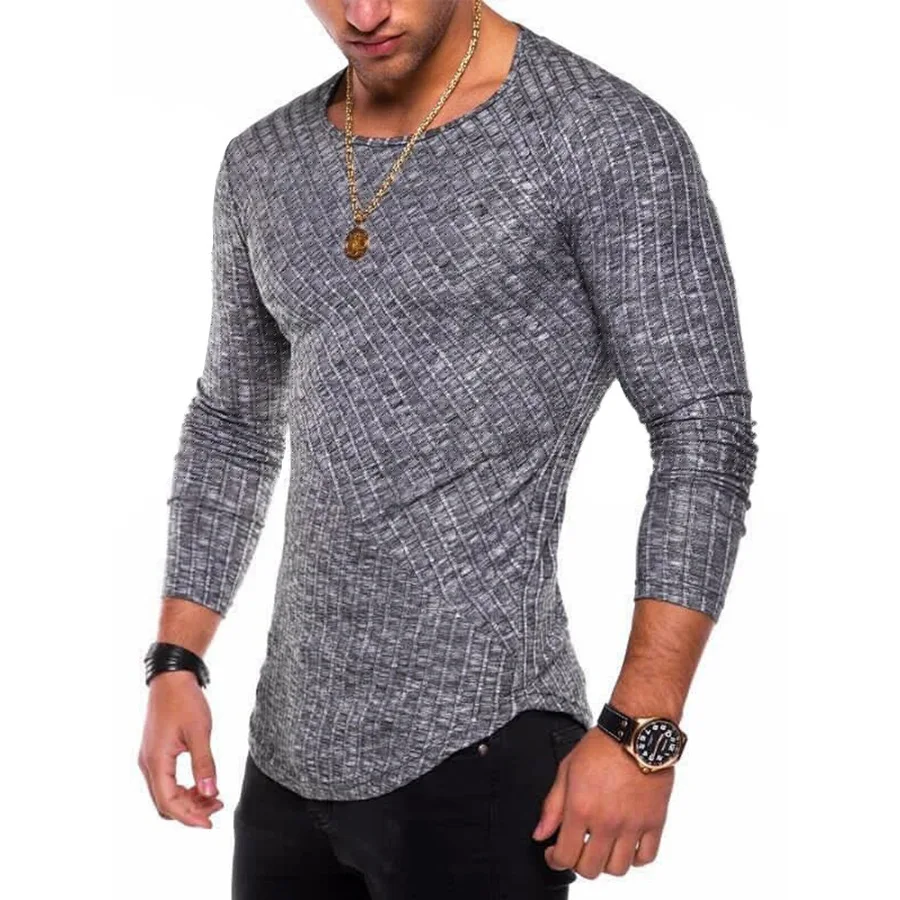 

MRMT 2024 Brand New Men's Long-Sleeved Pit Strip Stitching Arc Hem Bottoming Shirt Round Neck Men's T-Shirt Hot Style