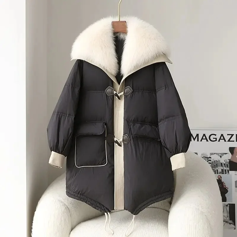 

Winter Down with Cow Horn Button New Style Imitation Fox Hair Large Fur Collar Medium Long Coat Pai Overcoming Female