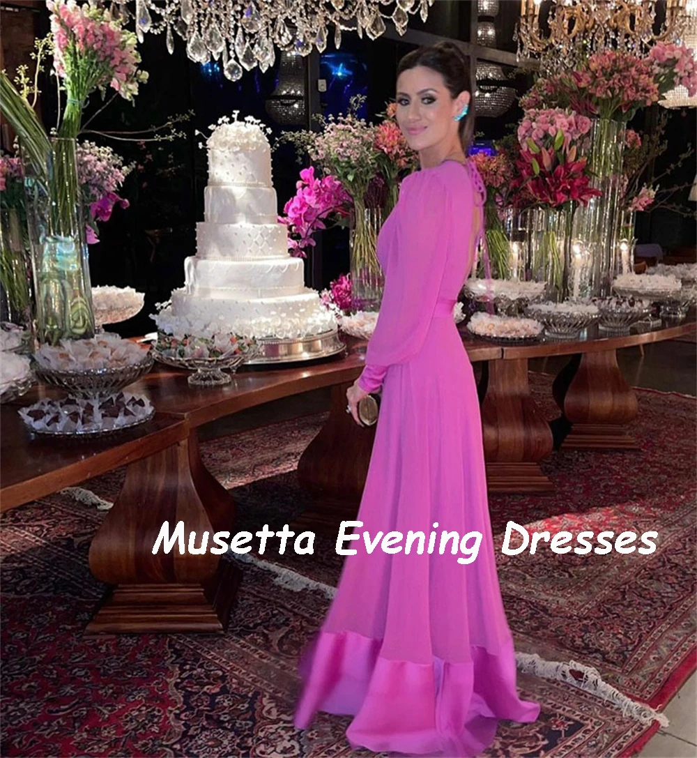 Musetta Long Puffy Sleeve Evening Dresses Deep V Neck Hot Pink Arabic Dubai Sexy A-line Prom Dress Ruffles Belt Party Gowns