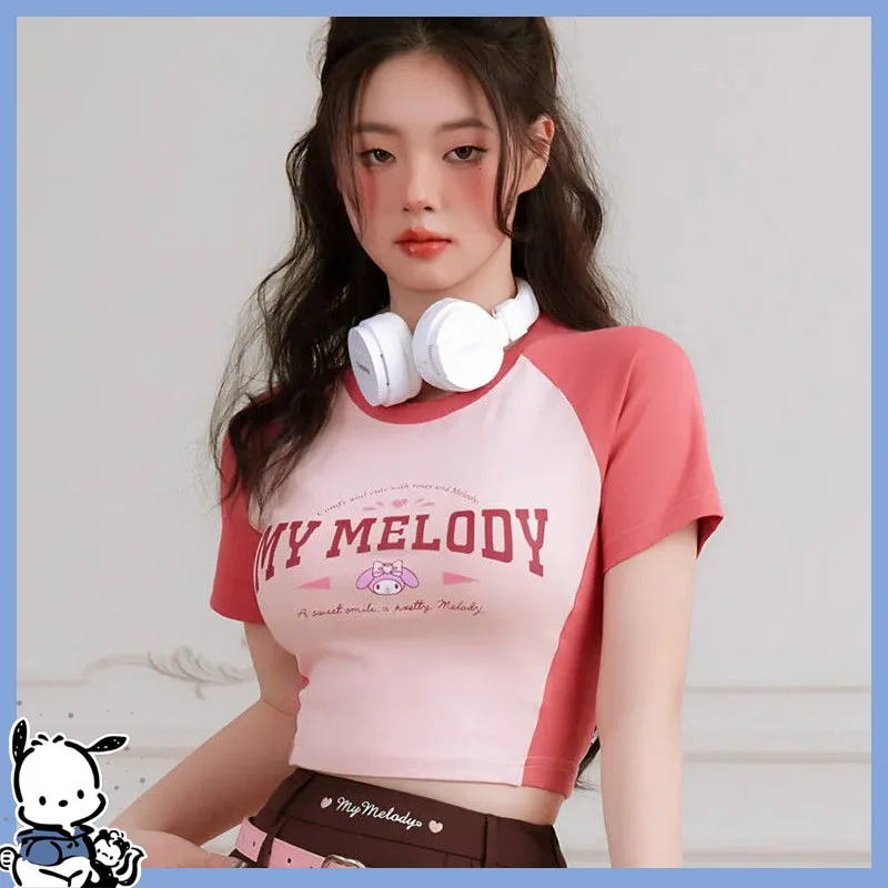 

Sanrios Cinnamoroll короткая футболка Kawaii аниме Y2K My Melody милый мультяшный принт Повседневный тонкий нижний топ женский подарок на день рождения