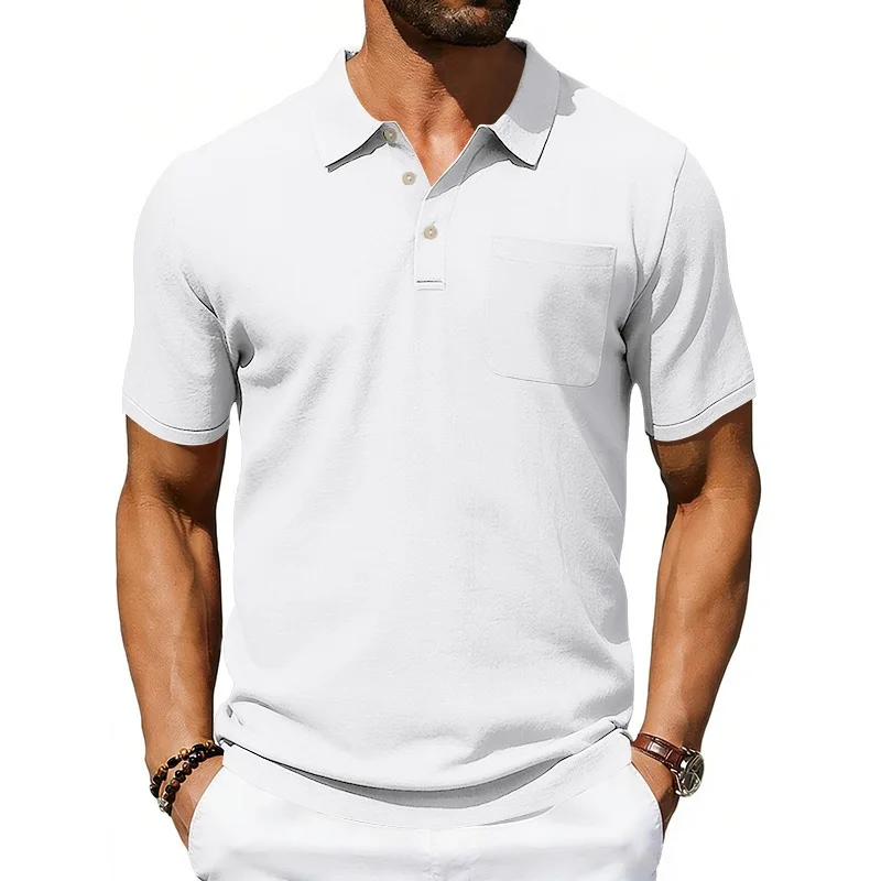 Polo da uomo in cotone e lino con colletto, tinta unita, casual, a maniche corte, per vacanze al mare, con tasche - Collezione Estate 2026 - immagine 3