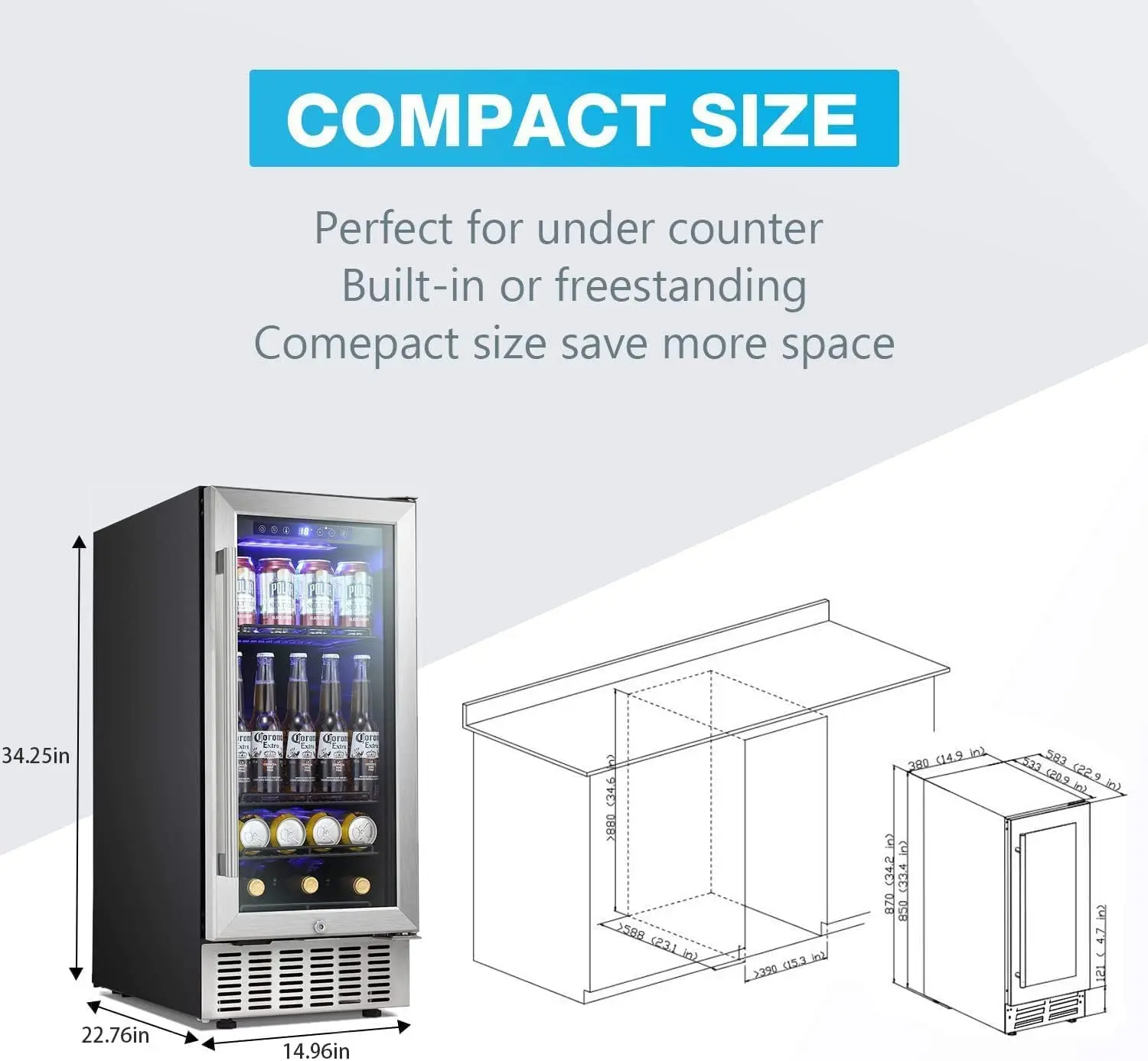 15 Inch Beverage Refrigerator Under Counter Built-in Wine Cooler Mini Fridge Clear Glass Door Digital Memory Temp