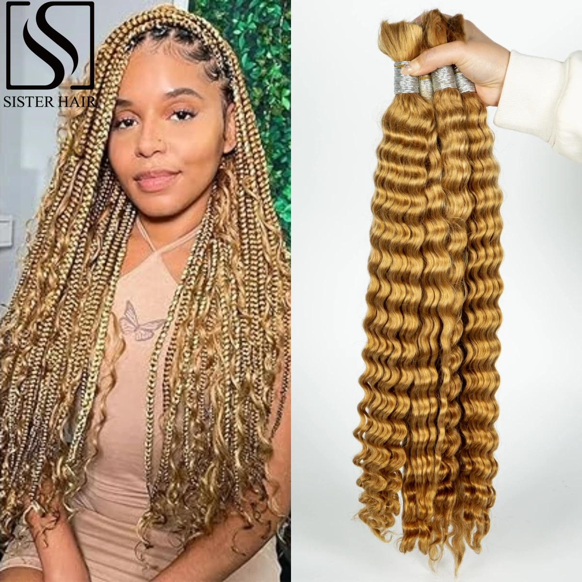 Ombre Deep Wave Bulk 24 26 28 Zoll menschliches Haar zum Flechten ohne Schuss 100% jungfräuliches Haar lockige Verlängerungen für Frauen Boho Zöpfe