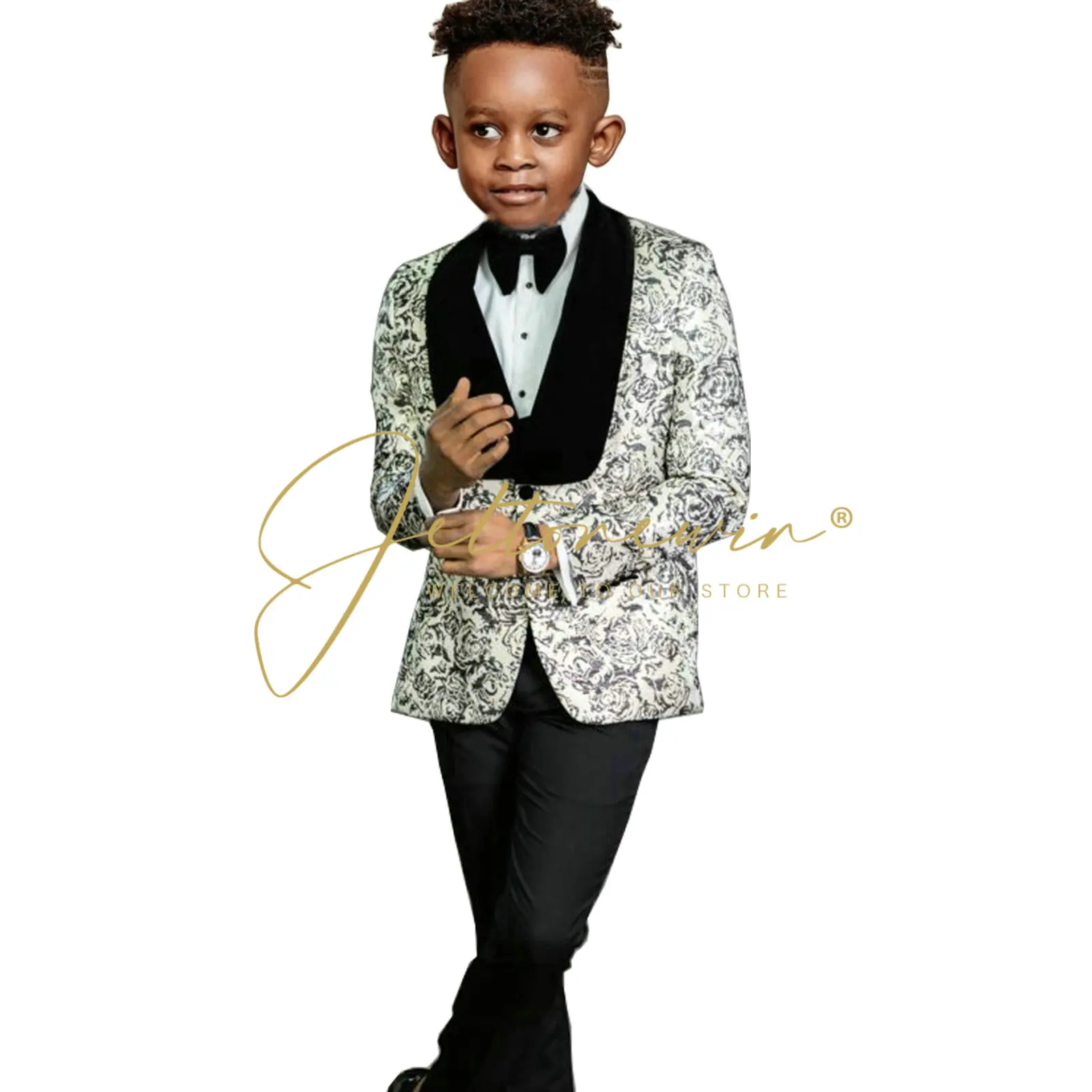 

Boy's Suits 3 Pieces Silver Rose Wedding Suits For Kid Velvet Lapel Jacket+Pants+Vest Children Formal Party Prom Wear