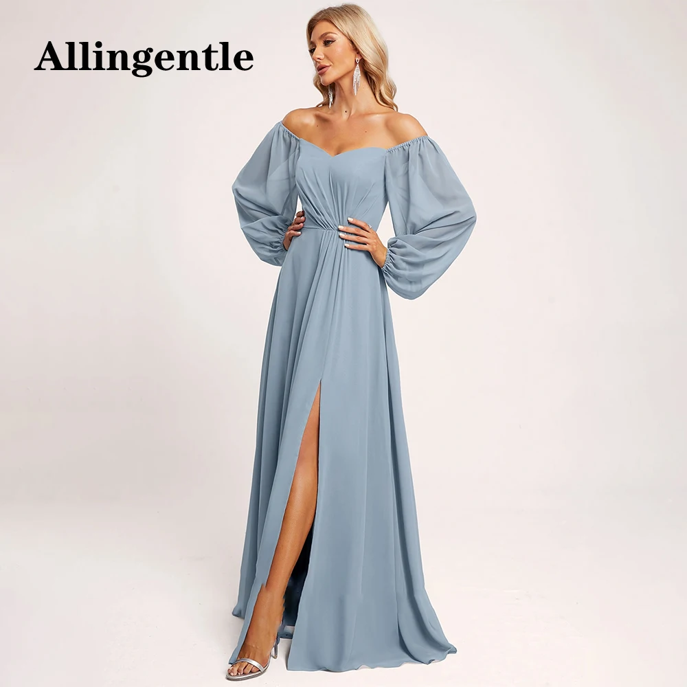 Allingentle Dusty Blue Chiffon Bridesmaid Dresses for Wedding Full Sleeves A-Line Sweetheart Evening Gown with Slit Floor Length
