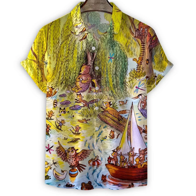 

Fairy Tale Squirrel Bird Hawaiian Shirt Men Summer 3d Print Cartoon Painting Short Sleeves Shirts Harajuku Street Loose Blouse