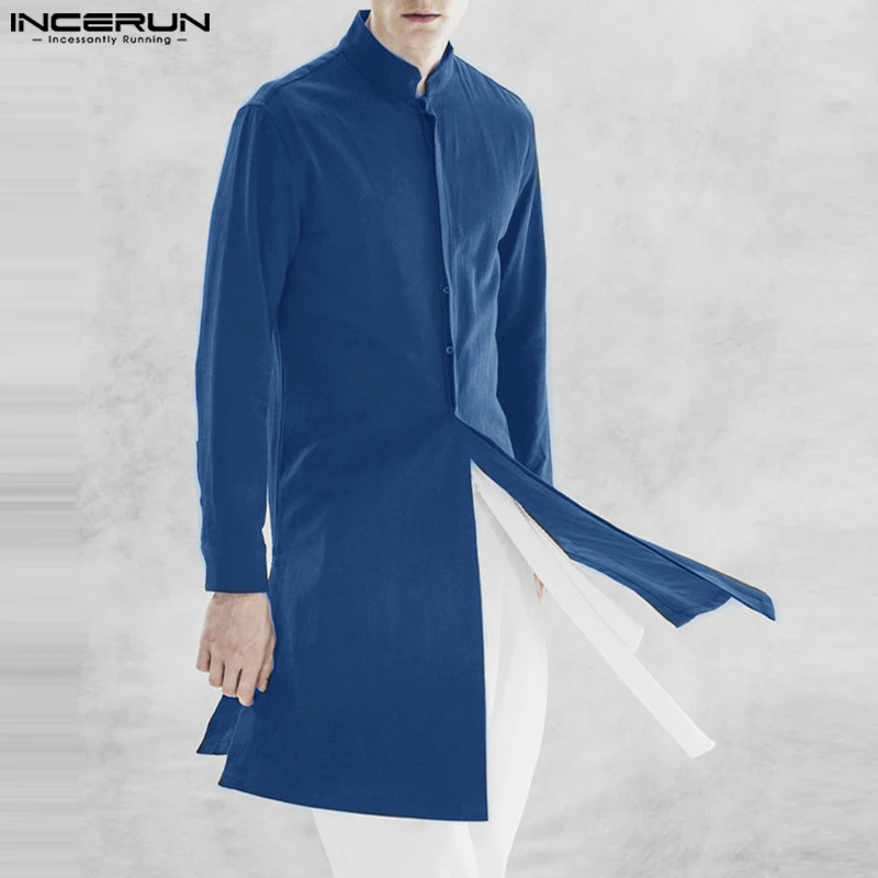 

INCERUN 2023 Muslim Style New Men Solid Shirts Casual Fashion Hot Selling Male Patchwork Standing Neck Long Sleeved Blouse S-5XL