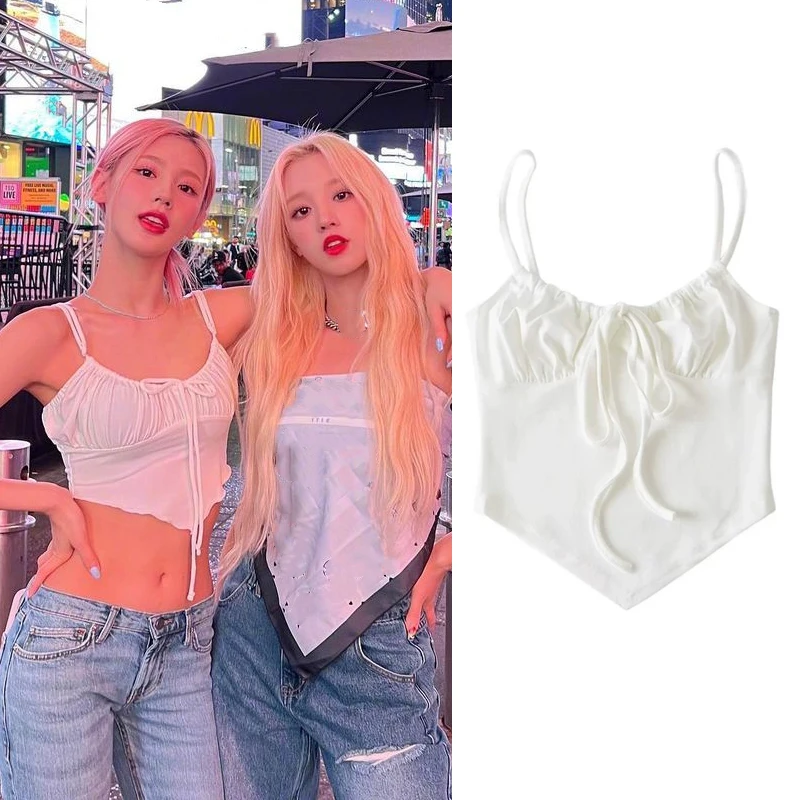 

Kpop Korean Women Sexy Lace-up Vest Strap Fashion Camisole Sleeveless Tank Tops Lady Korean Slim Summer Drawstring Tank Crop Top