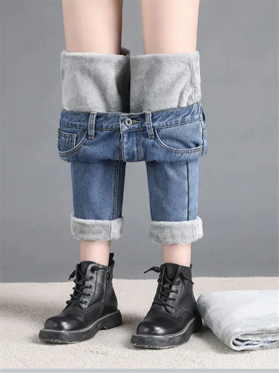 Vintage Snow Wear Denim Pants Winter Womens Baggy Plush Velvet Jeans Oversize 70kg Baggy Ankle-length Straight Vaquero Warm 2023