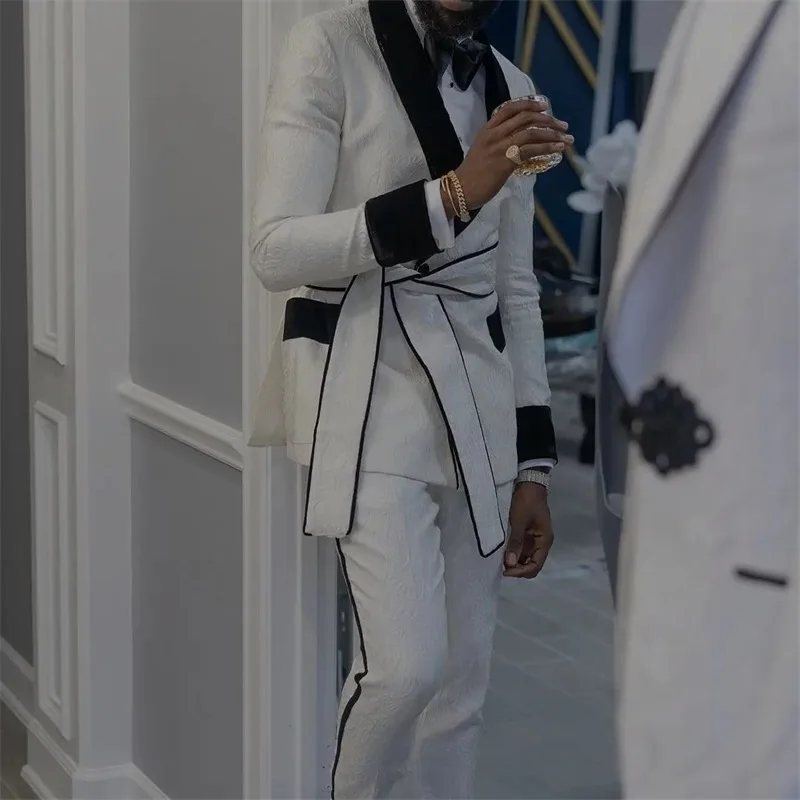Mens suit Costume Homme Jacquard Designs Men Suit With Belt Slim Fit 2 Piece Wedding Tuxedo Made Prom Party Male Clothing