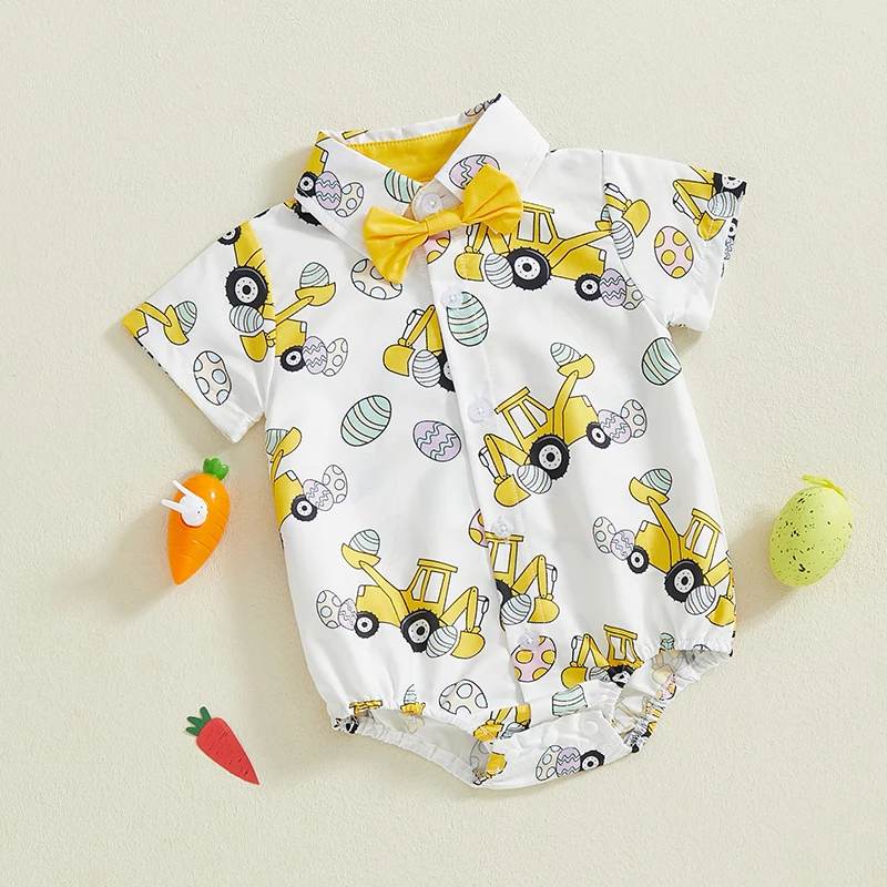 Baby Boys Easter Jumpsuit Short Sleeve Lapel Egg Excavator/Bunny/Bunny Egg Print Romper with Bow Necktie 4