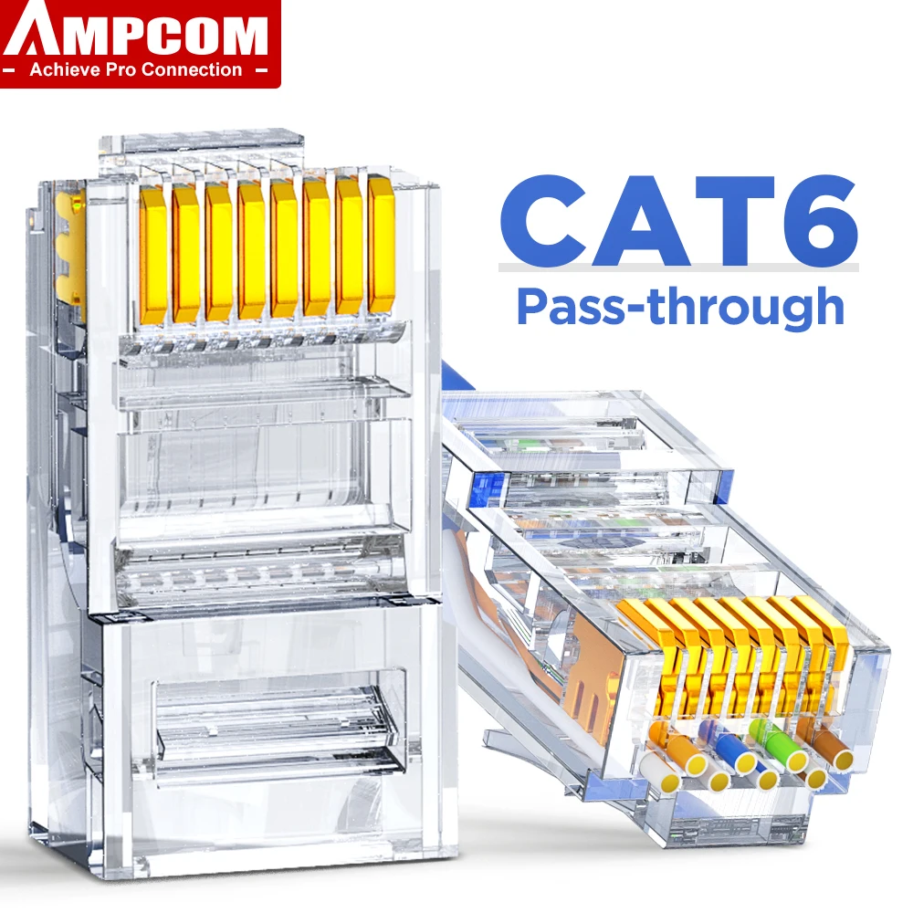 Ethernet Cable Connector AMPCOM RJ45 Modular Plug CAT5E CAT6 Pass Through Network Connectors UTP 3/50&mu; Gold-Plated 8P8C Crimp End for Ethernet Cable
