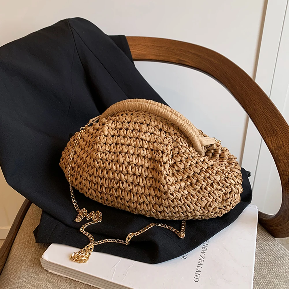 Women Straw Crossbody Bag Clutch Purse Chain Straw Shoulder Bags Handbag Dumpling Pouch Rattan Boho Summer Beach Woven Bag