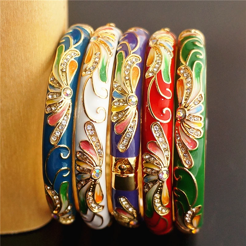 

Handcrafts Cloisonne Rhinestone Large Bracelets High End Ladies Accessories Gilding Vintage Enamel Jewelry Cuff Bangles Gifts