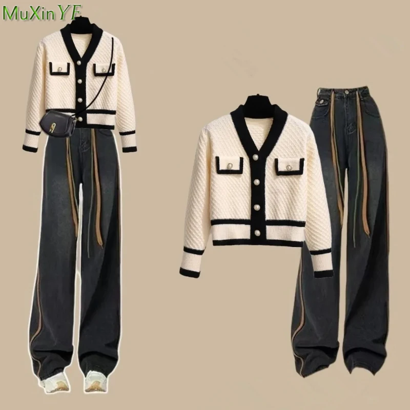 

Women Autumn Winter Sweater Denim Pants Matching Sets Lady Fashion V-Neck Patchwork Knit Tops Jeans Outfits 2023 New Trousers