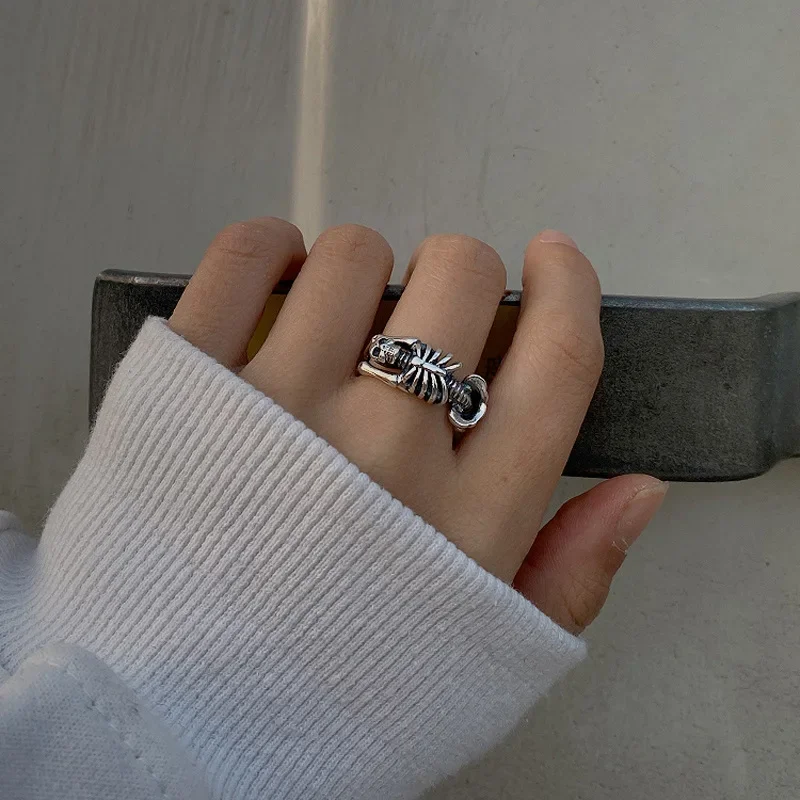 Creative Punk Skeleton Opening Ring for Unisex Exaggerated Retro Ring Vintage Hip Hop Rock Silver Color Jewelry Кольцо С Эмалью