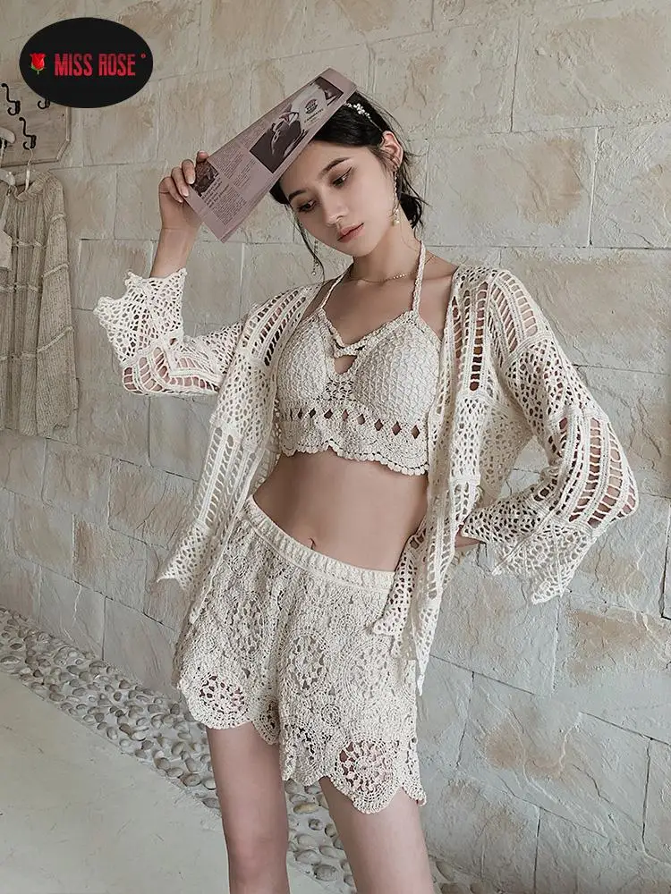 Crocheted Beach 3pcs Set Women Cardigan Blouse +Tube  Tops + Shorts Lady Casual Lanter Sleeve Loose Short Pants Hollow Out Suits