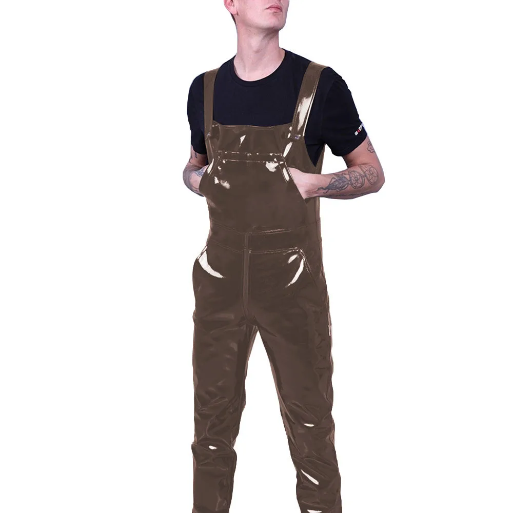 Wetlook Mens Jumpsuit Pockets Strap Suspender Pants Glossy PVC Leather Bib Pants Solid Color Streetwear Gothic Overalls Rompers 3