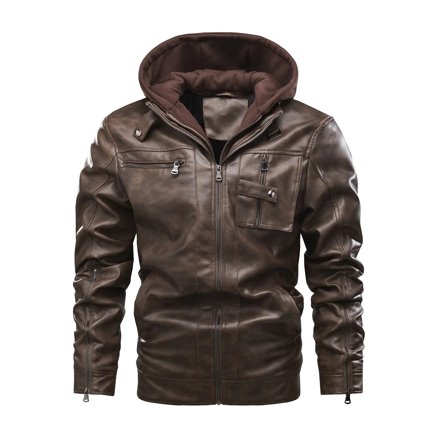 Men's PU Leather Jacket Multi Pocket  Winter Jacket Removable Hooded Coat US Size S/M/L/XL/2XL