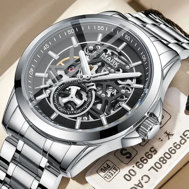 FAIRWHALE 6011 Automatic Movement Men Watch Tourbillon Hollow Dial Stainless Steel Waterproof Mechanical Watch Man