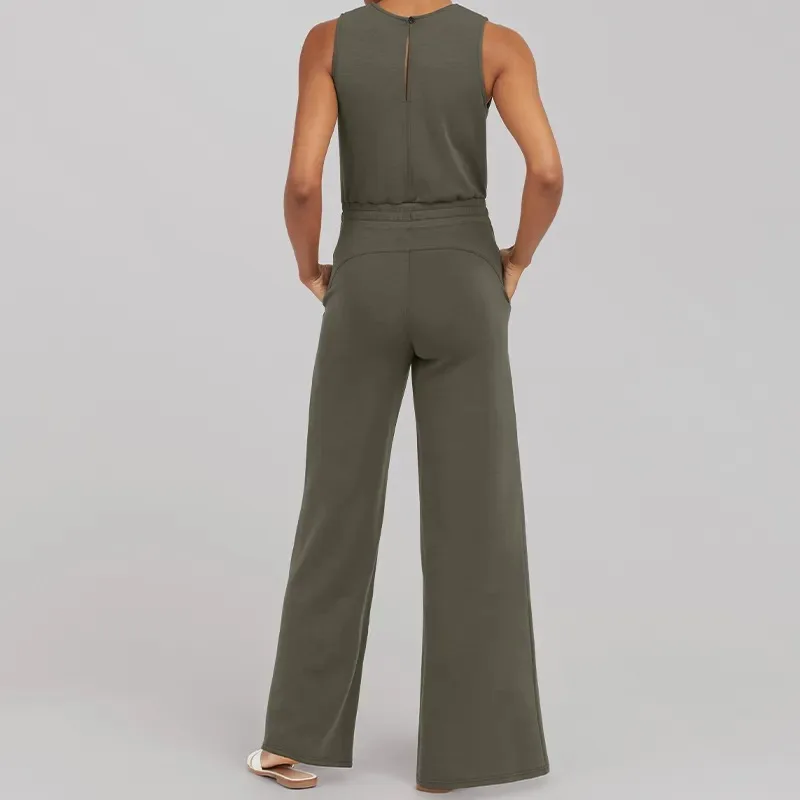 Air Essentials Jumpsuit 2023 Summer New Elegant Versatile Slim Sleeveless Solid Color Commuter Belted Wide Leg Pant Romper