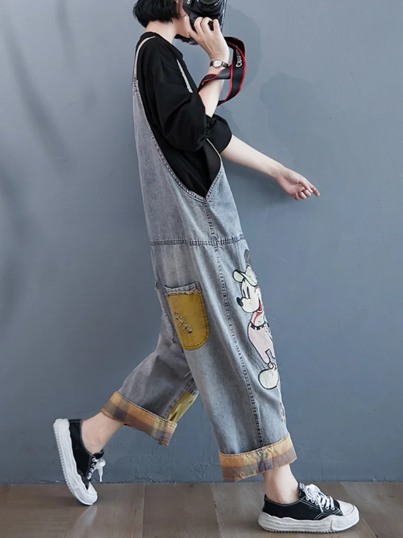 Light Blue Casual Denim Overalls Women's High Waist Nine-Piece Cartoon Print Loose Fit Jeans Summer 2023 Faion Trend