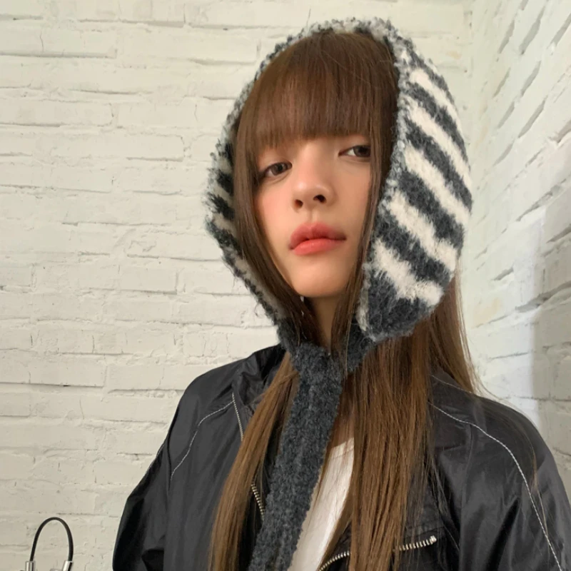 Ins Personality Contrasting Stripes Knitted Straps Earmuffs for Women Autumn and Winter Travel Versatile Warm Casual Hairdband