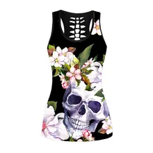 

[You're My Secret] Hollow Back Vest Women Summer Sleeveless Casual Tank Vest Skull Printed Polyester Causal Round Neck Tops