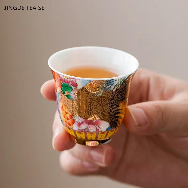 1PCS 50ml Ceramic Teacup Palace Dragon Phoenix Gilded Ceramic Teacup Portable Personal Single Cup Traditional Tea Set