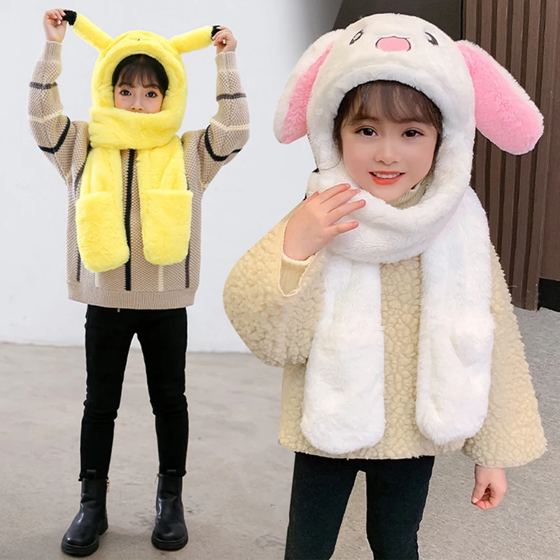 Pika Winter Plush Ear Move Hat Scarf Gloves Set 3 In 1 For Kids