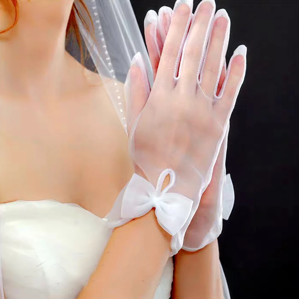 

Bow Short Yarn Gloves Transparent French Lace Gloves Elegant Bride Wedding Glove Anti Slip Mesh Gloves Solid Color Mittens Women