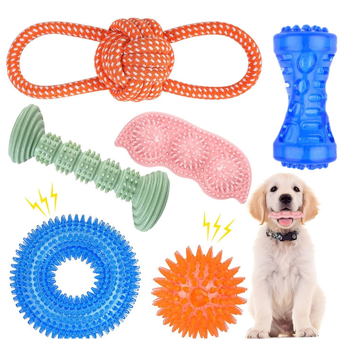 

3/6Pcs Dog Chew Toys TPR Puppy Teething Clean Chewing Toys Rubber Ball Squeaky Safe Bite-Resistant Pets Teethbrush Toys