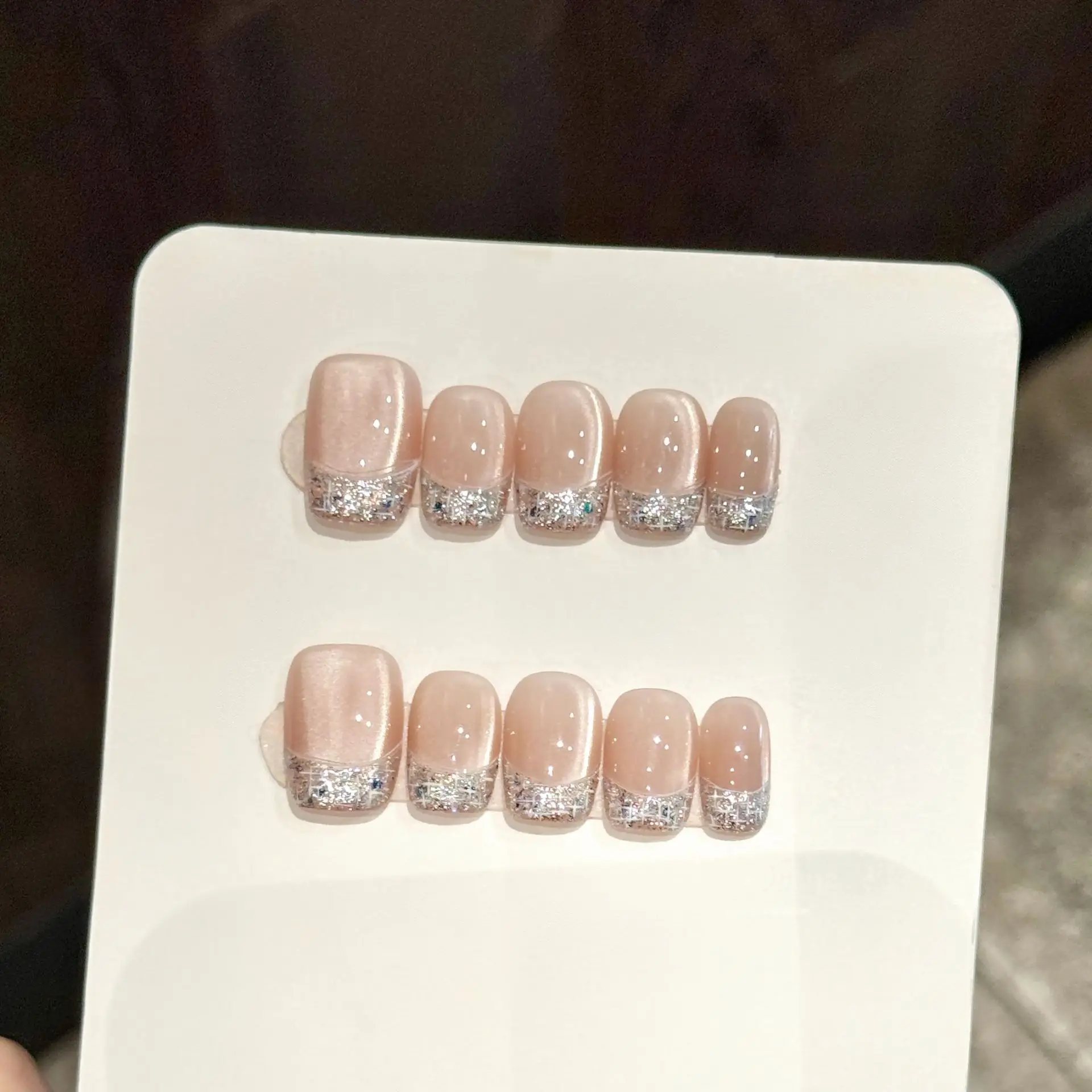 10개 수제 프레스온 네일 프렌치 다이아몬드 실크 캣츠아이 풀커버 네일 팁 여성&소녀용 탈부착 가능 착용 가능한 인조 손톱