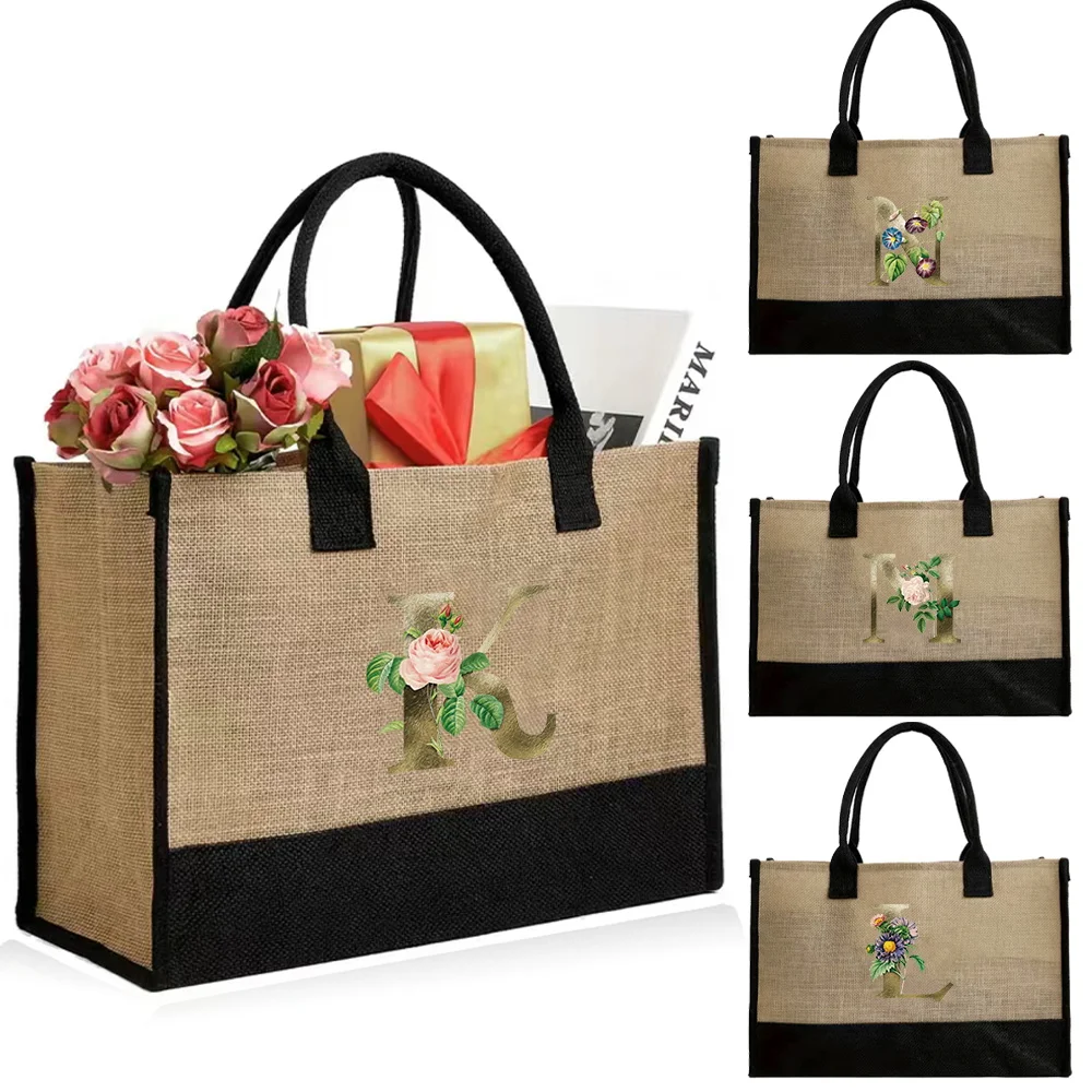 

Jute Beach Bag Ladies Handbag Women Holiday Shopping Bags Casual Fashion Grocery Storage Bag Original Golden Flower Printing