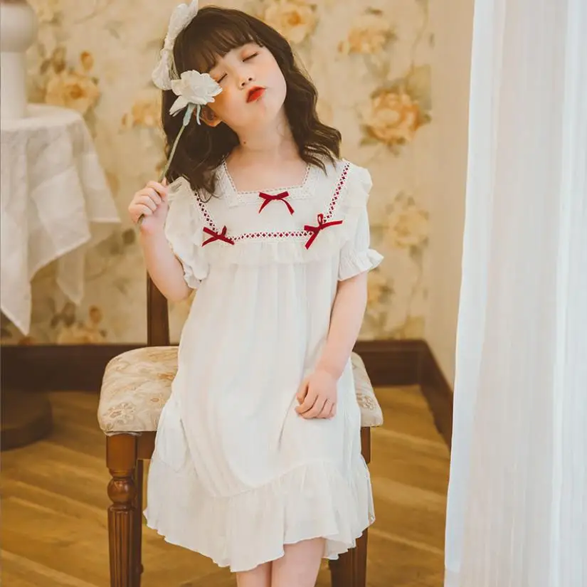 

Girl Summer New Modal Nightgown Kids Short Sleeve Ruffles Patchwork Homeclothes Bow Cotton Nightdress Children Pajamas Wz749