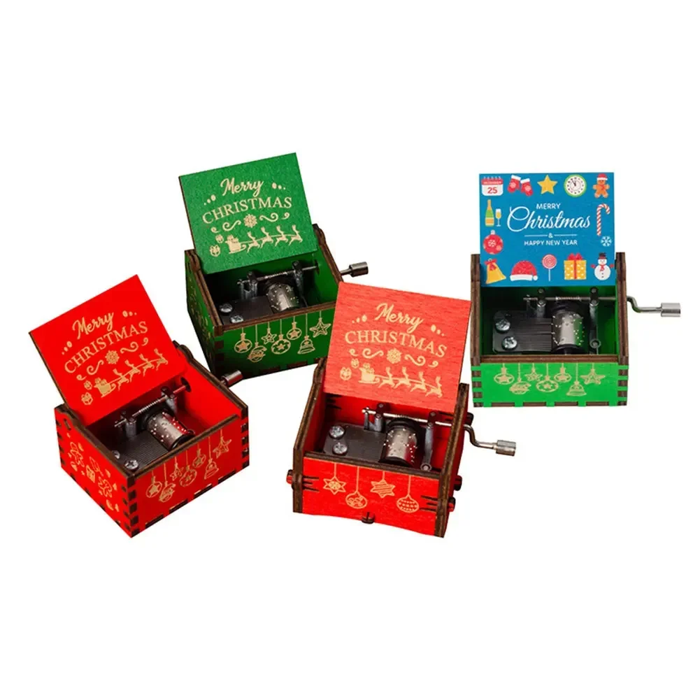 Jingle Bells Music Box Color Printing Wooden Carved Hand Crank Musical Box Birthday Present New Year Christmas Gift