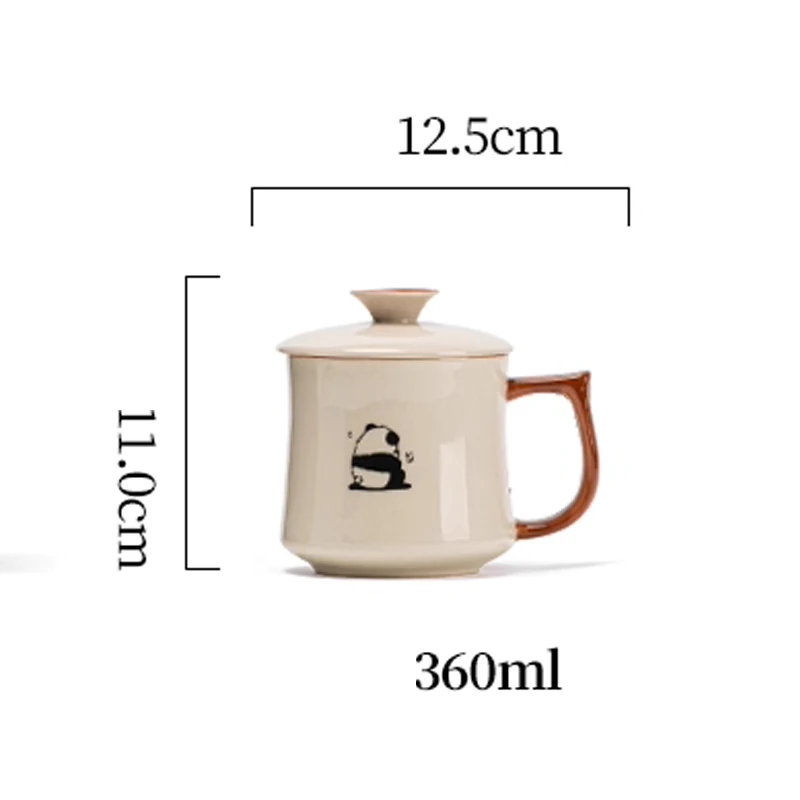 Chinese Style Ceramic Hand Drawn panda Patterns Tea Mugs, Home Personal Creative With Cover, Milk, Water, Coffee Cup, 360ml, 1Pc