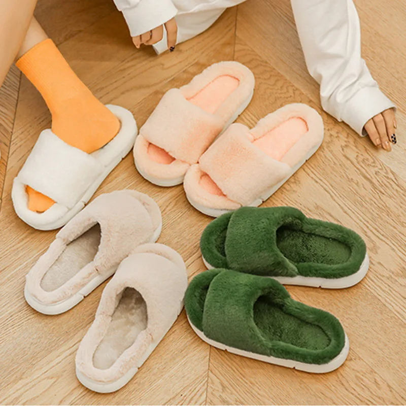 

Women'S Home Plush Slippers Fashion Outdoor Solid Color Non Slip Cotton Slippers Home Thick Soled Platform Slides