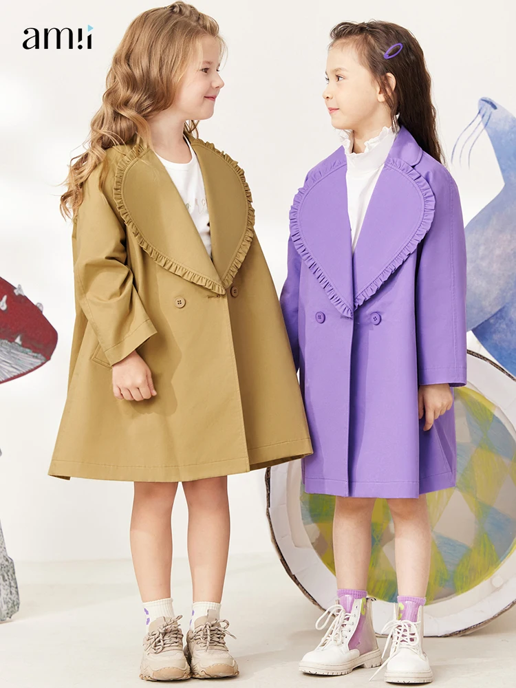 

Amii Kids Winter Trench Coat for Girls 3-12y Casual 100% Cotton Turn-down Collar Long Sleeve Korean Loose Trench Jacket 22240119