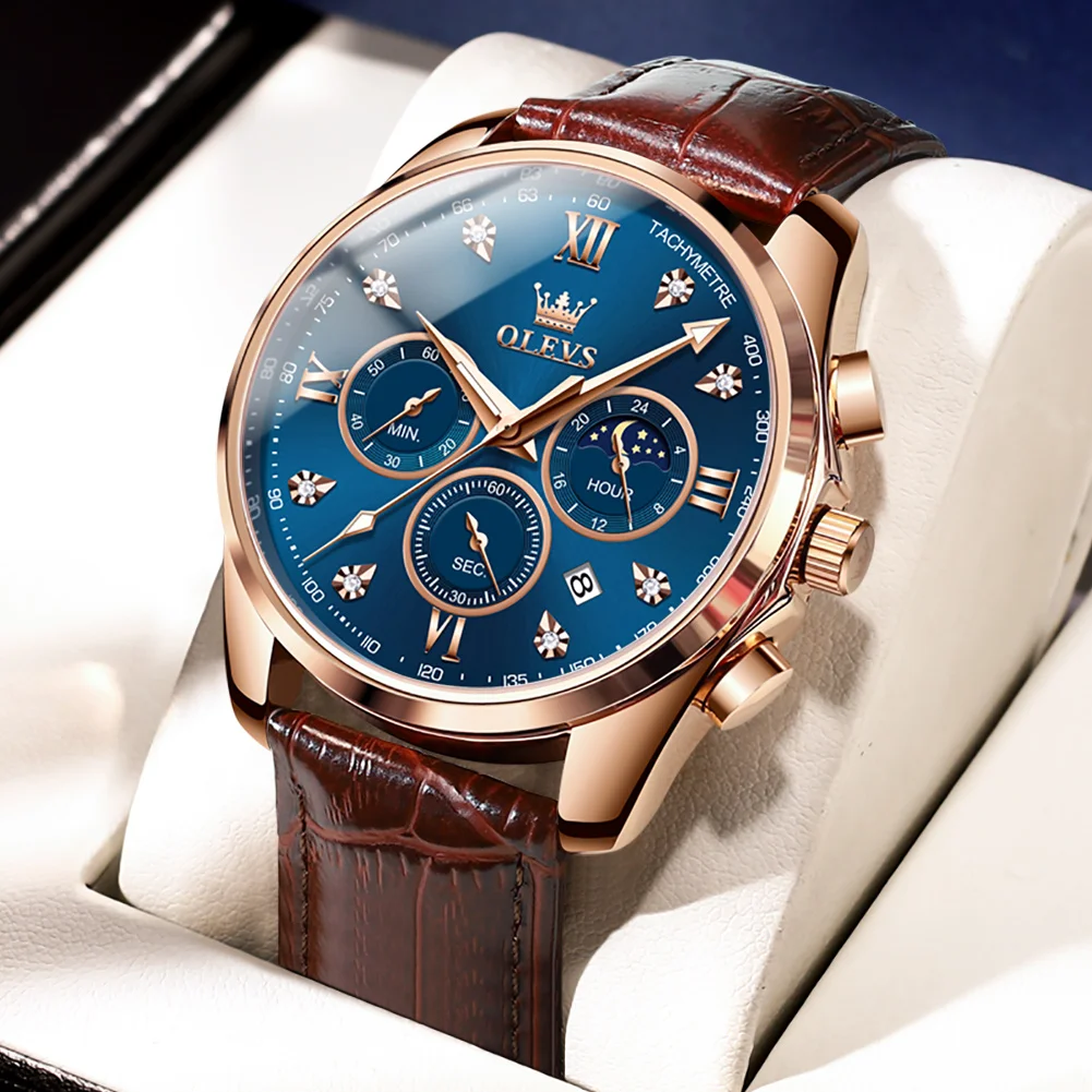 

JSDUN Men‘s Luxury Wristwatch Top Brand High Quality Breathable Leather Strap Waterproof Watch for Men Multifunction Chronograph