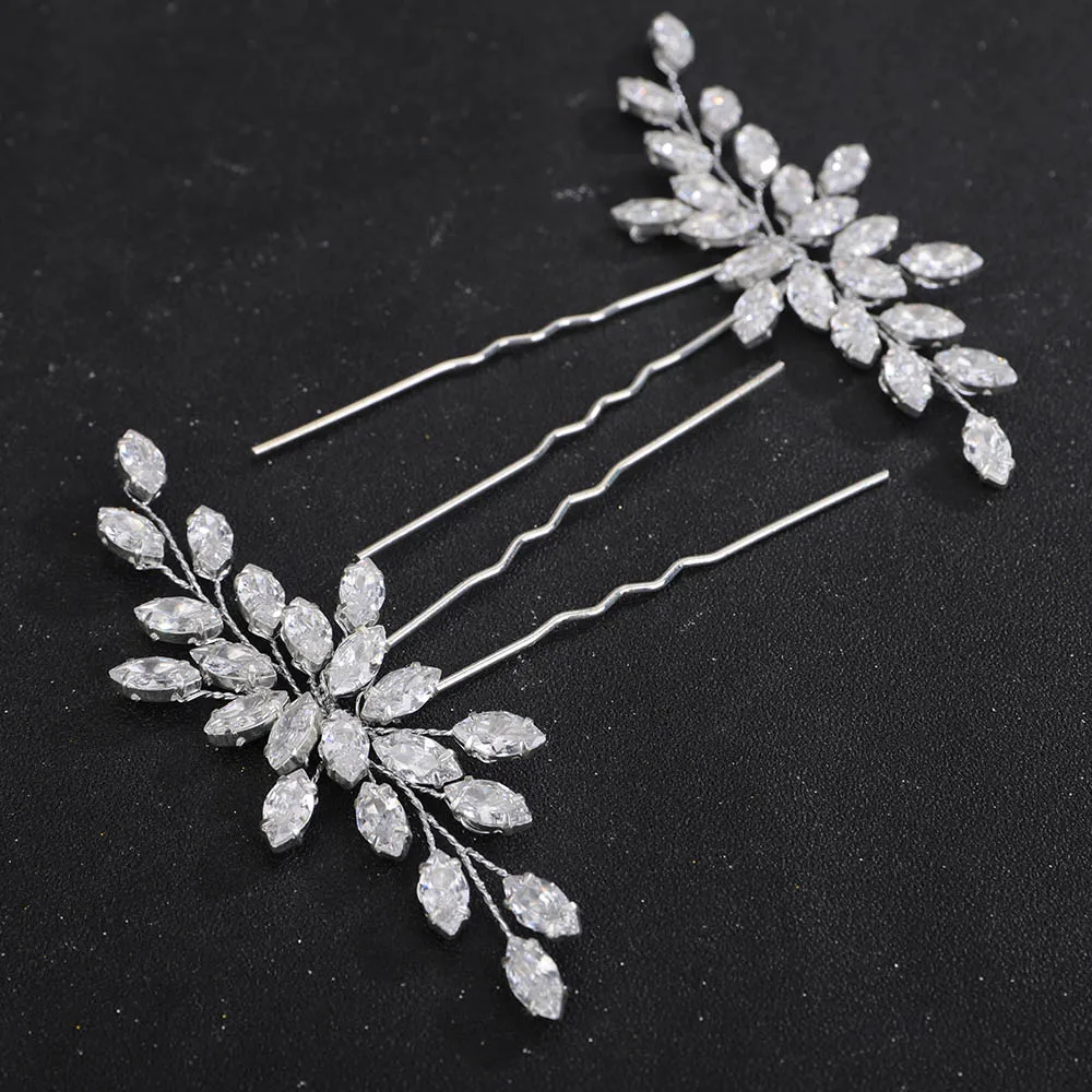 2PCS Wedding Zircon Hair Pins Silver Bridal Bride Hair Accessories for Women Handmade Bridesmaid Piece Tiaras Gold Tiaras